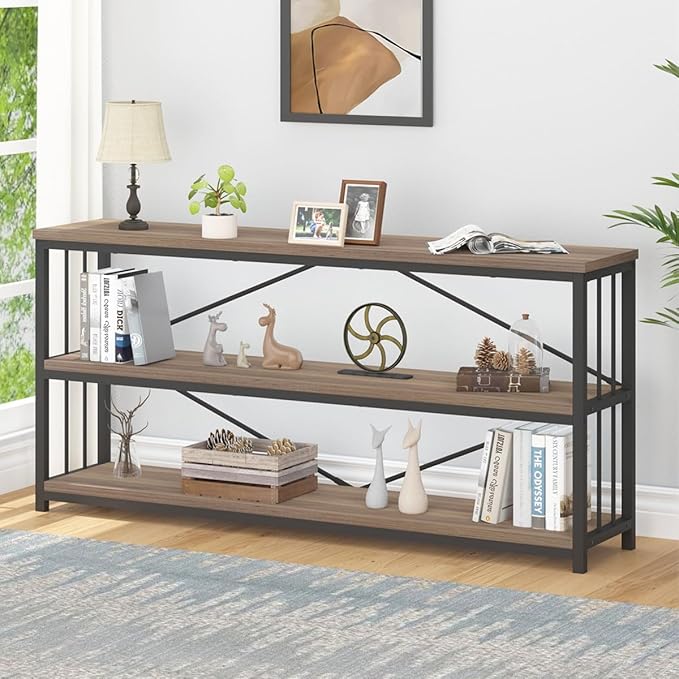 IBF Industrial 3 Tier Bookshelf, Rustic Low Wood and Metal Book Shelf, Farmhouse Long Wide Open Horizontal Bookcase, Modern Large Vintage Etagere for Home Office Bedroom Living Room, Rustic Oak, 63 In - LeafyLoom