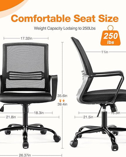 Home Office Chair, Mesh Mid High Back Ergonomic Computer Executive Task Desk with Lumbar Support, Armrest, Rocking Swivel Tilt Function, Wheels, Sponge Seat Cushions for Adult Black - LeafyLoom
