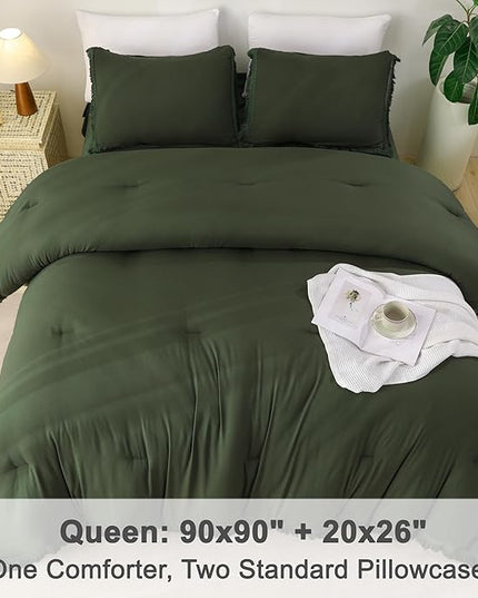 Litanika Queen Size Comforter Set Olive Green, 3 Pieces Dark Green Boho Tassel Bed Comforter, All Season Oversized Bedding Comforter Sets (1 Comforter 90x90 inch, 2 Pillowcases) - LeafyLoom