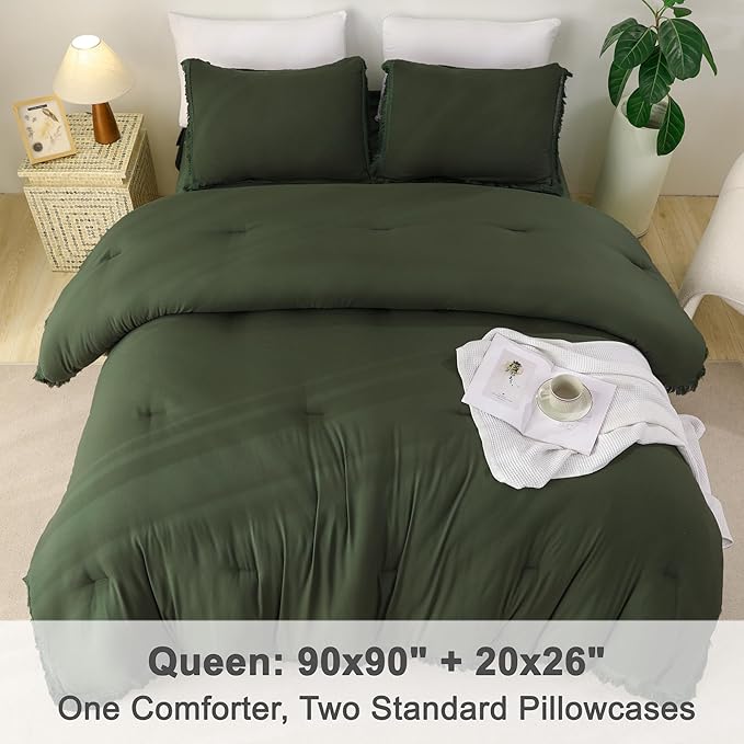 Litanika Queen Size Comforter Set Olive Green, 3 Pieces Dark Green Boho Tassel Bed Comforter, All Season Oversized Bedding Comforter Sets (1 Comforter 90x90 inch, 2 Pillowcases) - LeafyLoom