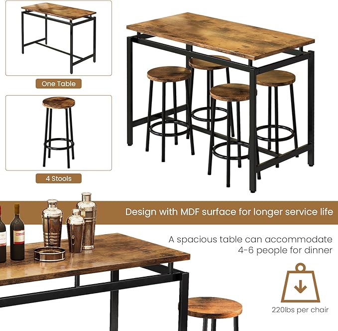 DKLGG Dinner Table Set for 4, Modern Kitchen Table and Chairs for 4 Wooden Top and Adjustable Metal Legs, Small Dining Room Table Set 5 Pieces Compact Design for Small Space - LeafyLoom