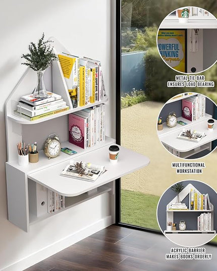 Wall Mounted Drop-Leaf Table, Floating Laptop Desk, Folding Table with Shelves, Multifunctional Computer Workstation Storage Compartments in Home Office for Space Saving (White) - LeafyLoom