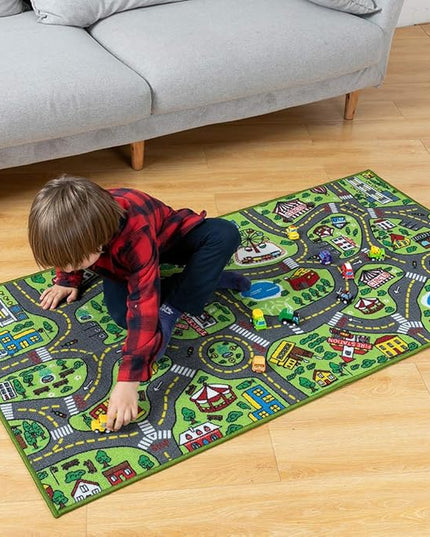 JOYIN Kids Play Rugs - 12 Pull-Back Vehicle Set - Durable Carpet Playmat Rug - City Pretend Play - Toddler Car Track Rug - LeafyLoom