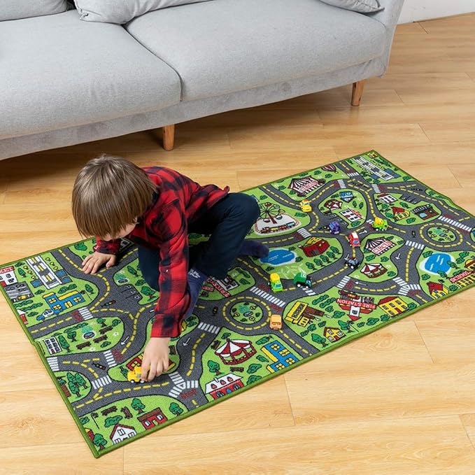 JOYIN Kids Play Rugs - 12 Pull-Back Vehicle Set - Durable Carpet Playmat Rug - City Pretend Play - Toddler Car Track Rug - LeafyLoom