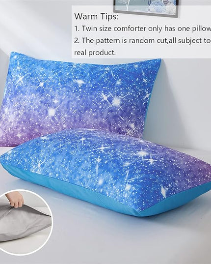 Rainbow Glitter Comforter Set Twin Size for Girls, Sparkle Galaxy Twinkle Starlight Comforter for Kids,2 Piece Aqua Blue Purple Pink Ombre Pastel Bedding Set with 1 Pillow Case(Rainbow,Twin) - LeafyLoom