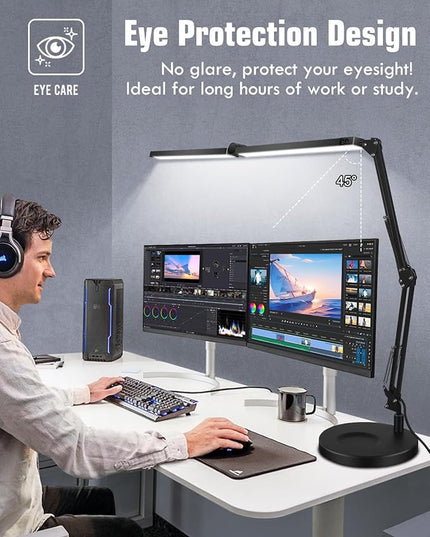 LED Desk Lamps for Home Office 2 in 1 Large Double Head Desk Lamp with Clamp & Base, Remote Control, Dimmable Architect Clip on Desktop Light Bar with Memory for Working, Crafting, Studying - LeafyLoom