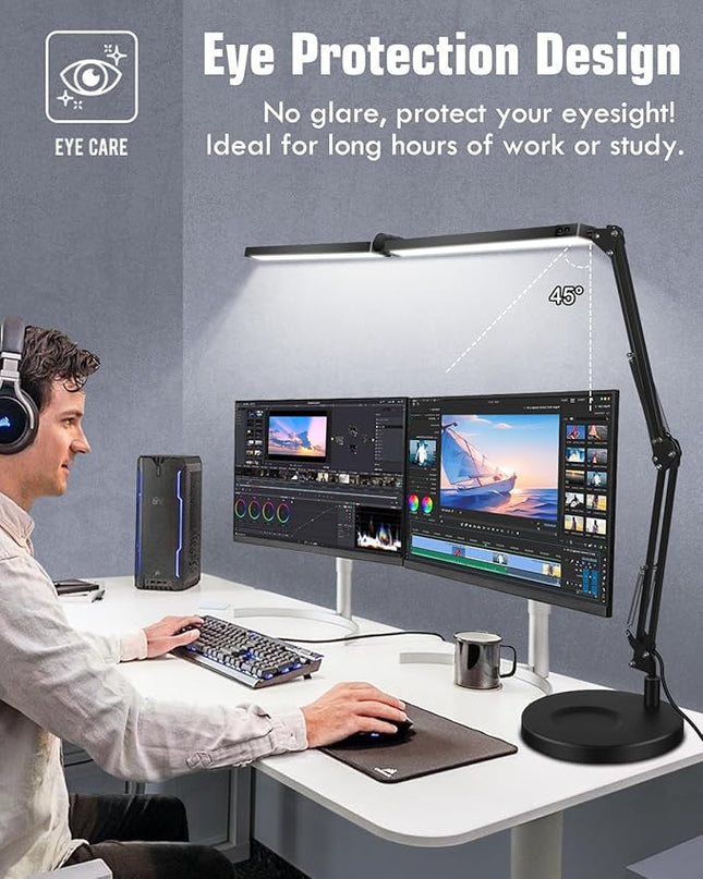 LED Desk Lamps for Home Office 2 in 1 Large Double Head Desk Lamp with Clamp & Base, Remote Control, Dimmable Architect Clip on Desktop Light Bar with Memory for Working, Crafting, Studying - LeafyLoom