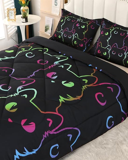 ENCOFT Cats Bedding Set Black Comforter Set Twin for Girls and Boys Premium 3 Piece Cat Bed Set Comfortable and Breathable for Teens and Adults with 1 Comforter and 2 Pillowcases - LeafyLoom