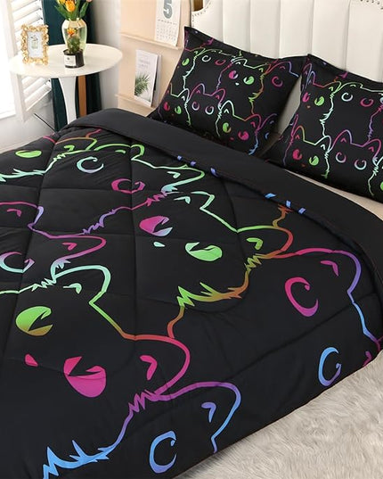 ENCOFT Kids Bedding Set Cat Comforter Set Full for Girls and Boys 3 Piece Cartoon Bed Set Black Comfortable and Breathable All Season for Teens and Adults Room Decor with 1 Comforter and 2 Pillowcases - LeafyLoom