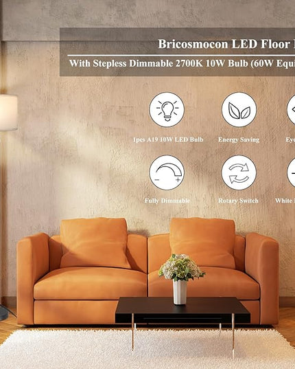Floor Lamps for Living Room, Standing Lamp, Stepless Dimmable Floor Lamp with White Linen Shade, Rotary Switch, 2700K 10W Bulb Included, Modern Floor Lamp for Bedroom, Reading Tall Lamp for Office - LeafyLoom