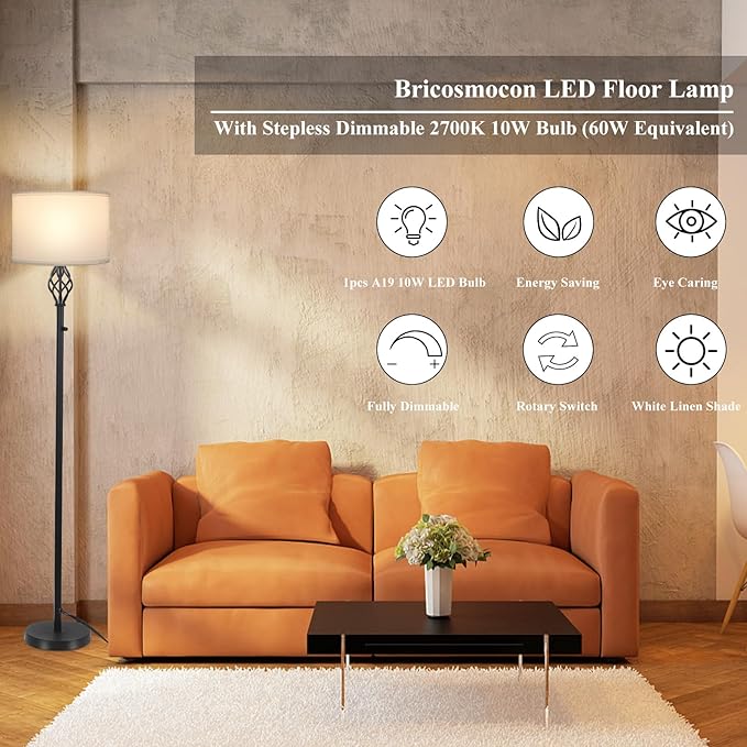 Floor Lamps for Living Room, Standing Lamp, Stepless Dimmable Floor Lamp with White Linen Shade, Rotary Switch, 2700K 10W Bulb Included, Modern Floor Lamp for Bedroom, Reading Tall Lamp for Office - LeafyLoom