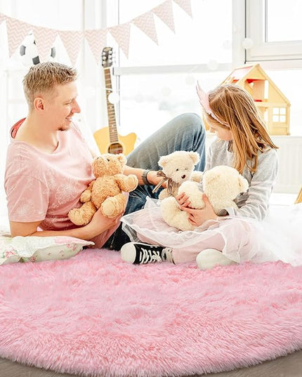 Pink Round Rug for Bedroom, Super Fluffy Circle Rugs for Baby Nursery, 5'X5' Feet Furry Carpet for Children Kids Room, Cute Soft Shaggy Rug for Girls Home Decor, Fuzzy Plush Carpets for Dorm - LeafyLoom