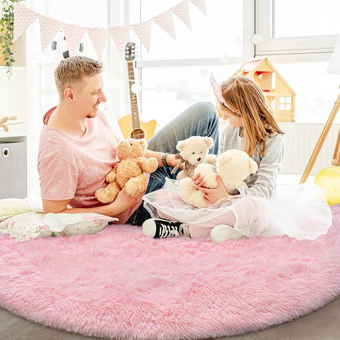 Pink Round Rug for Bedroom, Super Fluffy Circle Rugs for Baby Nursery, 4'X4' Feet Furry Carpet for Children Kids Room, Cute Soft Shaggy Rug for Girls Home Decor, Fuzzy Plush Carpets for Dorm - LeafyLoom