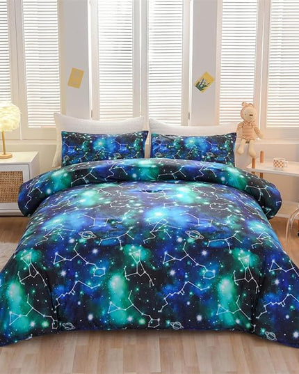 Holawakaka Tie Dye Constellation Print Ombre Comforter Set Queen Size Girls Boys Gradient Galaxy Bedding Set (Black Green,Queen) - LeafyLoom