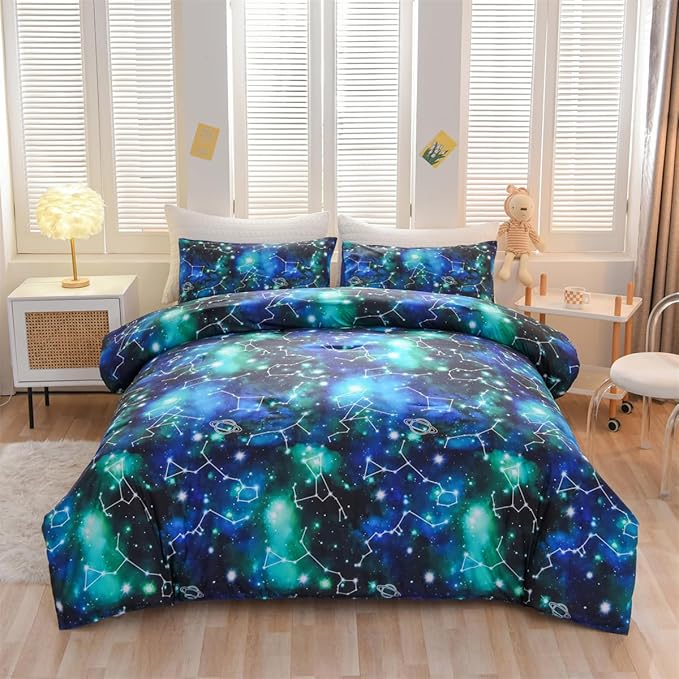 Holawakaka Tie Dye Constellation Print Ombre Comforter Set Queen Size Girls Boys Gradient Galaxy Bedding Set (Black Green,Queen) - LeafyLoom