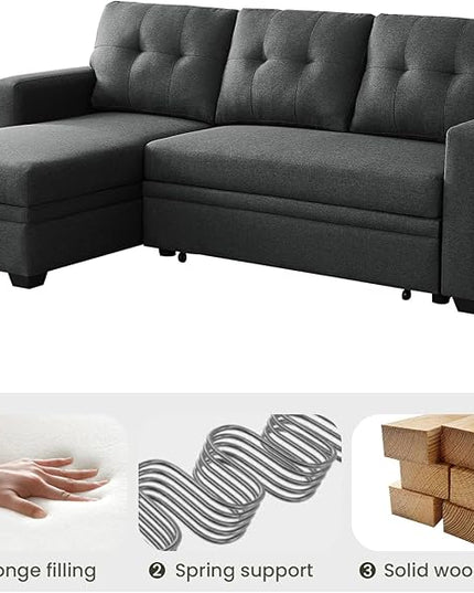 L Shape Sleeper Sofa Bed with Storage, Large Full Size Pull Out Sectional Couch, Futon Chaise Lounge Recliner for Living Room, Apartment, Bedroom, Office, Dark grey - LeafyLoom