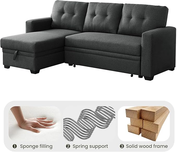 L Shape Sleeper Sofa Bed with Storage, Large Full Size Pull Out Sectional Couch, Futon Chaise Lounge Recliner for Living Room, Apartment, Bedroom, Office, Dark grey - LeafyLoom