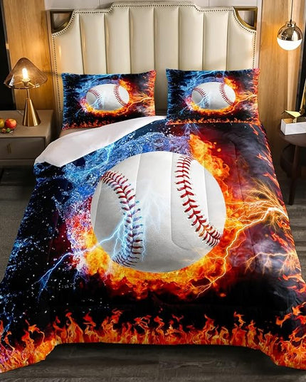 Baseball Comforter Set Twin Size for Teen Boy Room Decor, Fire and Ice Sports Baseball Down Comforter Kids Men Modern Sports Theme Quilted Duvet (1 Comforter Set + 1 Pillow Case), Red and Blue - LeafyLoom