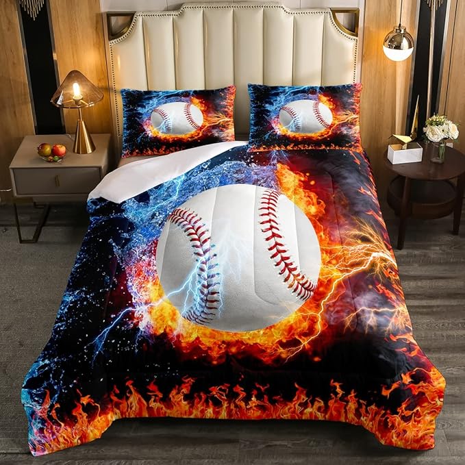 Baseball Comforter Set Twin Size for Teen Boy Room Decor, Fire and Ice Sports Baseball Down Comforter Kids Men Modern Sports Theme Quilted Duvet (1 Comforter Set + 1 Pillow Case), Red and Blue - LeafyLoom