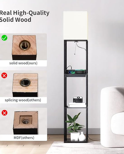 SUNMORY Floor Lamp with Shelves,Modern Dimmable Solid Wood Standing Lamp with 1 Drawer and 2 USB Ports & 2 Power Outlet,Corner Tall Bookshelf Lamp for Living Room and Bedroom(Black) - LeafyLoom