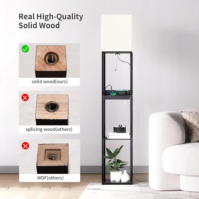 SUNMORY Floor Lamp with Shelves,Modern Dimmable Solid Wood Standing Lamp with 1 Drawer and 2 USB Ports & 2 Power Outlet,Corner Tall Bookshelf Lamp for Living Room and Bedroom(Black) - LeafyLoom
