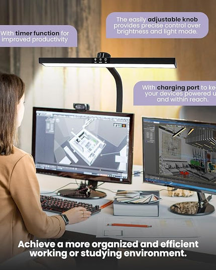 Neatfi LED Desk Lamp with 6-Level Brightness, Adjustable 2700~6500K Color Temperature, 14” Wide, Timer & Charging Port - Touch & Knob Control, 800 Lumens, Dimmable LED Table Light, 24W, CRI 85 (Black) - LeafyLoom