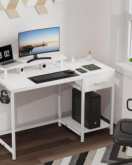 Small Computer Desk with Drawers, 40 inch Gaming Desk with Led Lights and Power Outlets,Reversible Home Office Desk with Storage, White - LeafyLoom