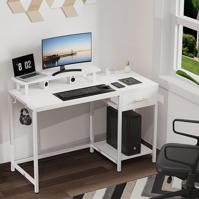 Small Computer Desk with Drawers, 40 inch Gaming Desk with Led Lights and Power Outlets,Reversible Home Office Desk with Storage, White - LeafyLoom