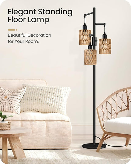Dimmable Floor Lamp, Farmhouse Tall Standing Tree Lamp with 3 Rope Woven Lampshades, Boho Rattan Floor Lights, 4W 3 LED Bulbs Included, for Living Room, Bedroom, Study, Office B03LD05 - LeafyLoom