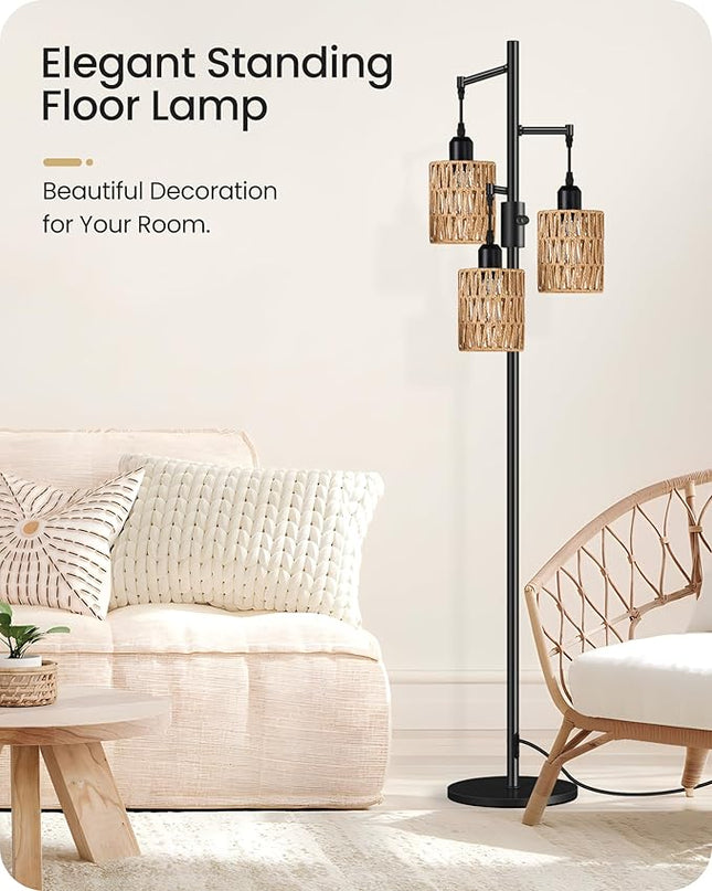 Dimmable Floor Lamp, Farmhouse Tall Standing Tree Lamp with 3 Rope Woven Lampshades, Boho Rattan Floor Lights, 4W 3 LED Bulbs Included, for Living Room, Bedroom, Study, Office B03LD05 - LeafyLoom