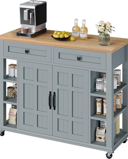 YITAHOME Kitchen Island with Storage Cabinet, Rolling Kitchen Cart on Wheels, Americana Kitchen Island Cabinet with Open Shelves for Kitchen Dining Room, Thicker Rubberwood Top, Grey Blue - LeafyLoom