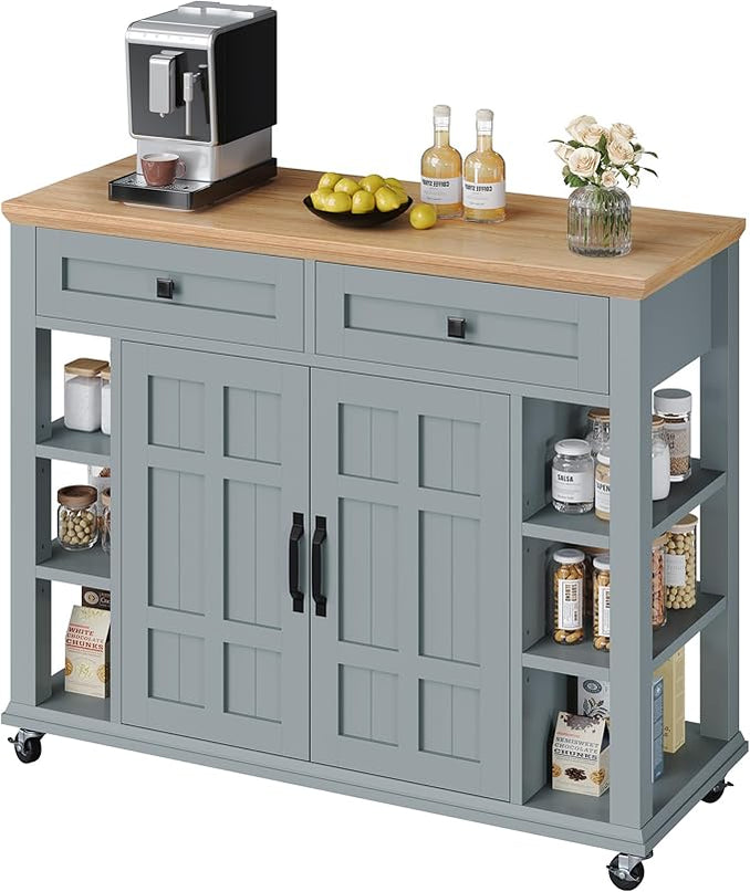 YITAHOME Kitchen Island with Storage Cabinet, Rolling Kitchen Cart on Wheels, Americana Kitchen Island Cabinet with Open Shelves for Kitchen Dining Room, Thicker Rubberwood Top, Grey Blue - LeafyLoom
