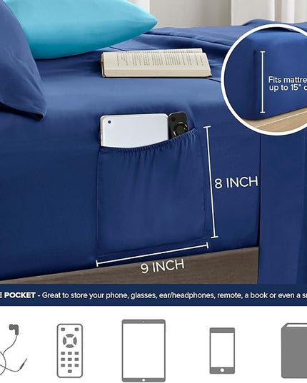 Comfort Spaces Full Comforter Sets with Sheets - Bed in a Bag 9 Pieces Teen Bedding Sets Full, Navy and Grey Stripes Bedding Full, College Full Bed Set, 2 Side Pocket Bedroom Organizer Full Navy - LeafyLoom