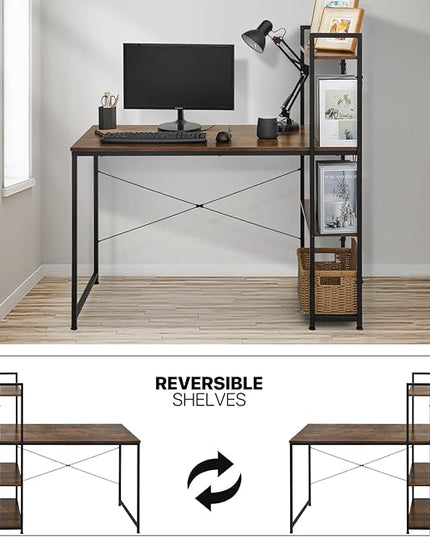 MoNiBloom Computer Desk with 4 Tier Storage Shelves, 47 Inches Home Office Study Writing Desks with Display Bookshelf, Rustic Brown - LeafyLoom