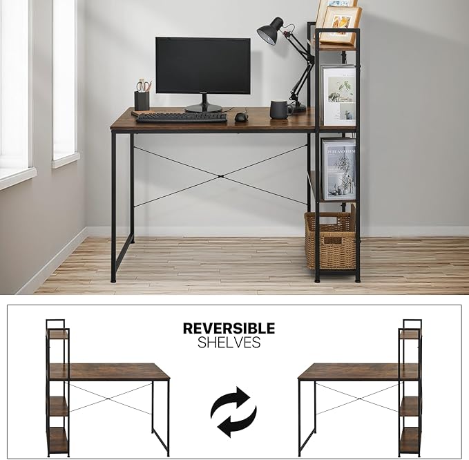 MoNiBloom Computer Desk with 4 Tier Storage Shelves, 47 Inches Home Office Study Writing Desks with Display Bookshelf, Rustic Brown - LeafyLoom