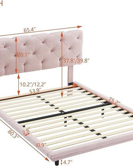 Full Size Linen Upholstered Bed with Light Stripe,Floating Platform Beds,w/Headboard and Wooden Slats Support,for Apartment,Bedroom,Living Room,Easy Assembly,Pink - LeafyLoom