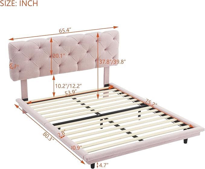 Full Size Linen Upholstered Bed with Light Stripe,Floating Platform Beds,w/Headboard and Wooden Slats Support,for Apartment,Bedroom,Living Room,Easy Assembly,Pink - LeafyLoom