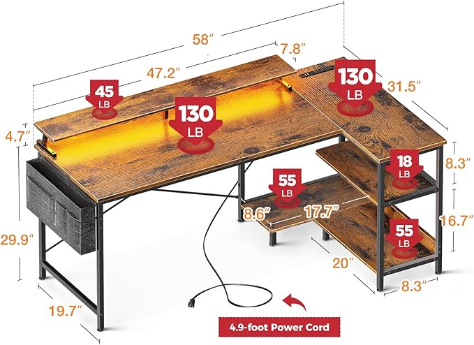 ODK 58 Inch Gaming Desk with USB Charging Ports and LED Lights, Reversible L Shaped Computer Desk with Storage Shelves & Monitor Stand, Corner Home Office Desk Table with Power Outlets, Vintage - LeafyLoom