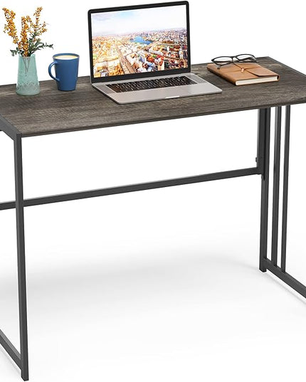 Folding Desk 40'' Computer Desk for Home Office, No Assembly Office Desk Foldable Simple Study Writing Desk Table for Small Spaces(Dark Grey) - LeafyLoom