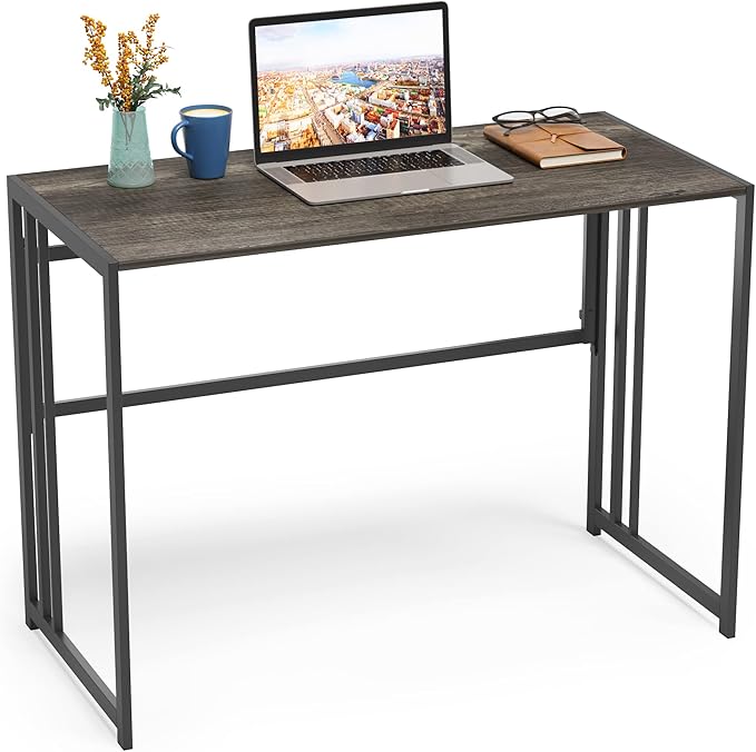 Folding Desk 40'' Computer Desk for Home Office, No Assembly Office Desk Foldable Simple Study Writing Desk Table for Small Spaces(Dark Grey) - LeafyLoom
