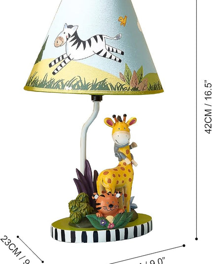 Fantasy Fields - Sunny Safari Animals Thematic Kids Table Lamp, for Girls & Boys Rooms with Printed Zebra Lampshade & Sculpted Monkey, Giraffe, & Tiger Base, Jungle Lamp for Nurseries & Baby Rooms - LeafyLoom