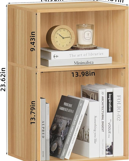 LEYAOYAO 2 Cube Bookshelf,Natural Record Player Stand Holds up to 100 Albums, Mini Wood Book Shelf Storage Organizer,Turntable Stand with Vinyl Storage Cabinet, Narrow Open Bookcase for Small Spaces - LeafyLoom