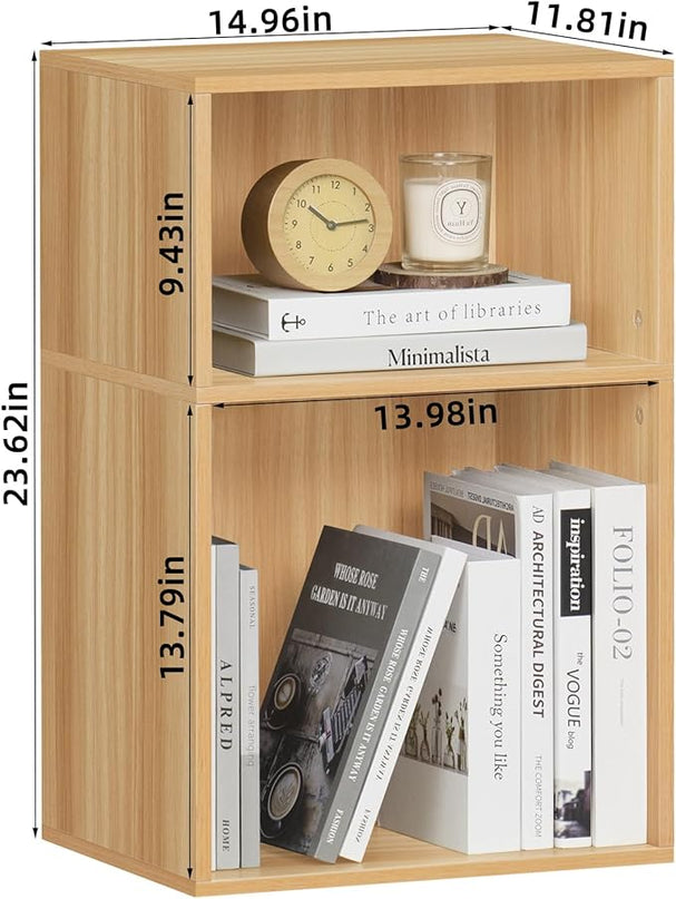 LEYAOYAO 2 Cube Bookshelf,Natural Record Player Stand Holds up to 100 Albums, Mini Wood Book Shelf Storage Organizer,Turntable Stand with Vinyl Storage Cabinet, Narrow Open Bookcase for Small Spaces - LeafyLoom