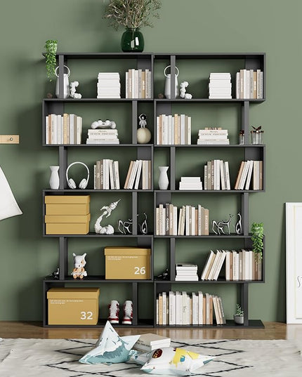 Gadroad 6 Tier Geometric Bookcase, Black Book Shelves, Modern Corner Bookcase Storage Shelf Wood for Bedroom, Living Room, Home Office, Black - LeafyLoom