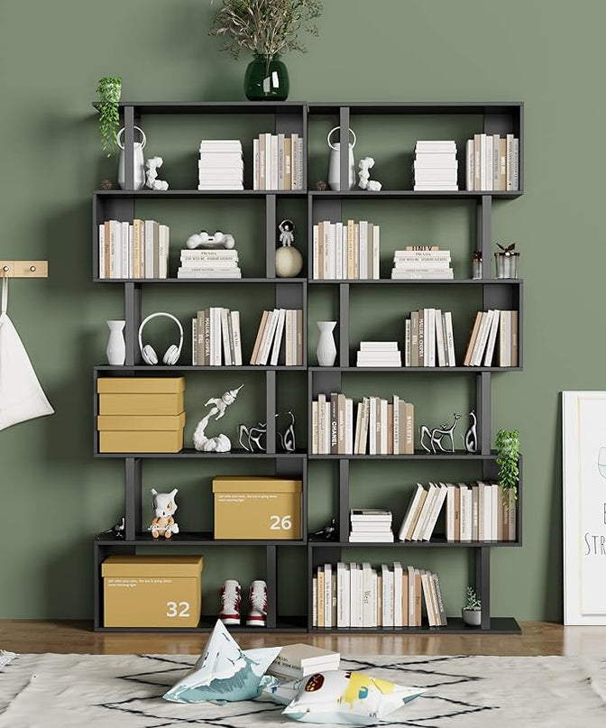 Gadroad 6 Tier Geometric Bookcase, Black Book Shelves, Modern Corner Bookcase Storage Shelf Wood for Bedroom, Living Room, Home Office, Black - LeafyLoom