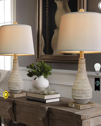 BOBOMOMO 3-Way 24.5" Dimmable Touch Control Table Lamp Set of 2 with Dual USB for Bedroom Living Room Bedside Nightstand Lamps - LeafyLoom