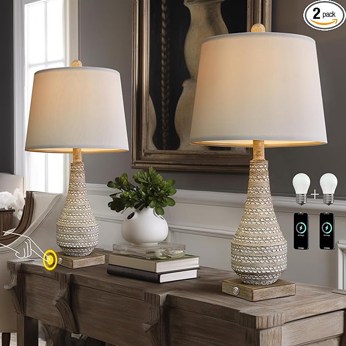 BOBOMOMO 3-Way 24.5" Dimmable Touch Control Table Lamp Set of 2 with Dual USB for Bedroom Living Room Bedside Nightstand Lamps - LeafyLoom