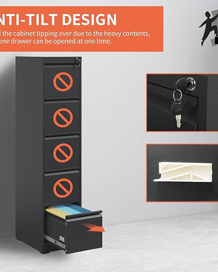 5 Drawer File Cabinet,Metal Filing Cabinets with Lock,Vertical File Cabinet for Home Office,Black Heavy Duty Metal Storage Cabinet for A4/Letter/Legal Size File,Assembly Required - LeafyLoom