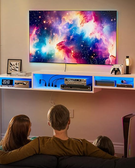 FABATO 71'' Floating TV Stand with LED Light Power Outlet, Floating Shelf for Under TV Wall Mount with Storage Shelf, Media Console Entertainment Center for Living Room, White - LeafyLoom