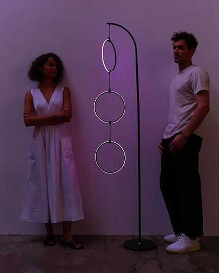 Brightech Nova Modern Color Changing Floor Lamp - LED Lamp with Stunning RGB Color Gradient and Contemporary 3-Circle Ring-Style Pendant - Corner or Over-The-Couch Arching Pole Standing Lamp - Black - LeafyLoom